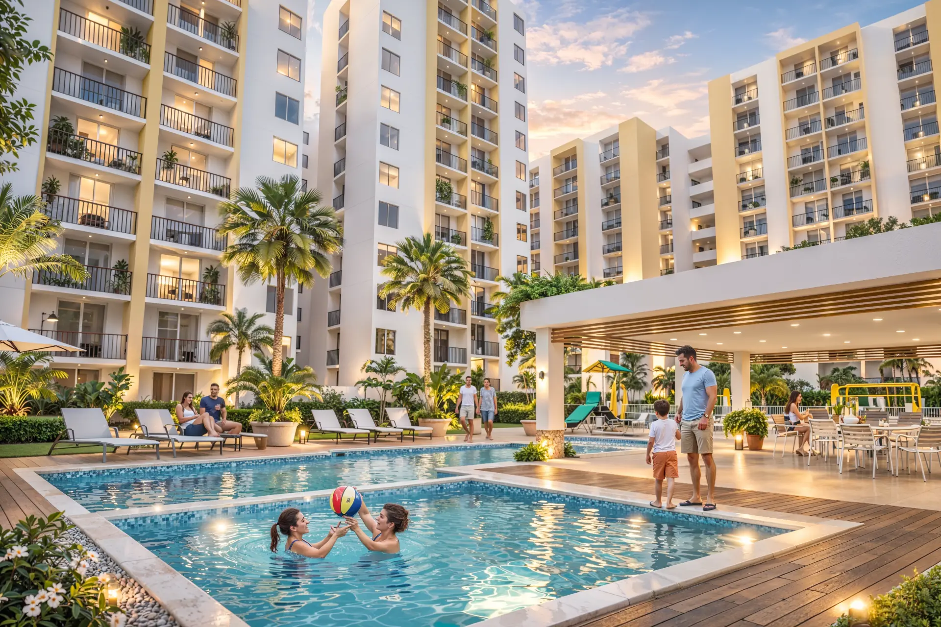 Render de las piscinas para adultos y niños con solárium, pérgola y zonas verdes