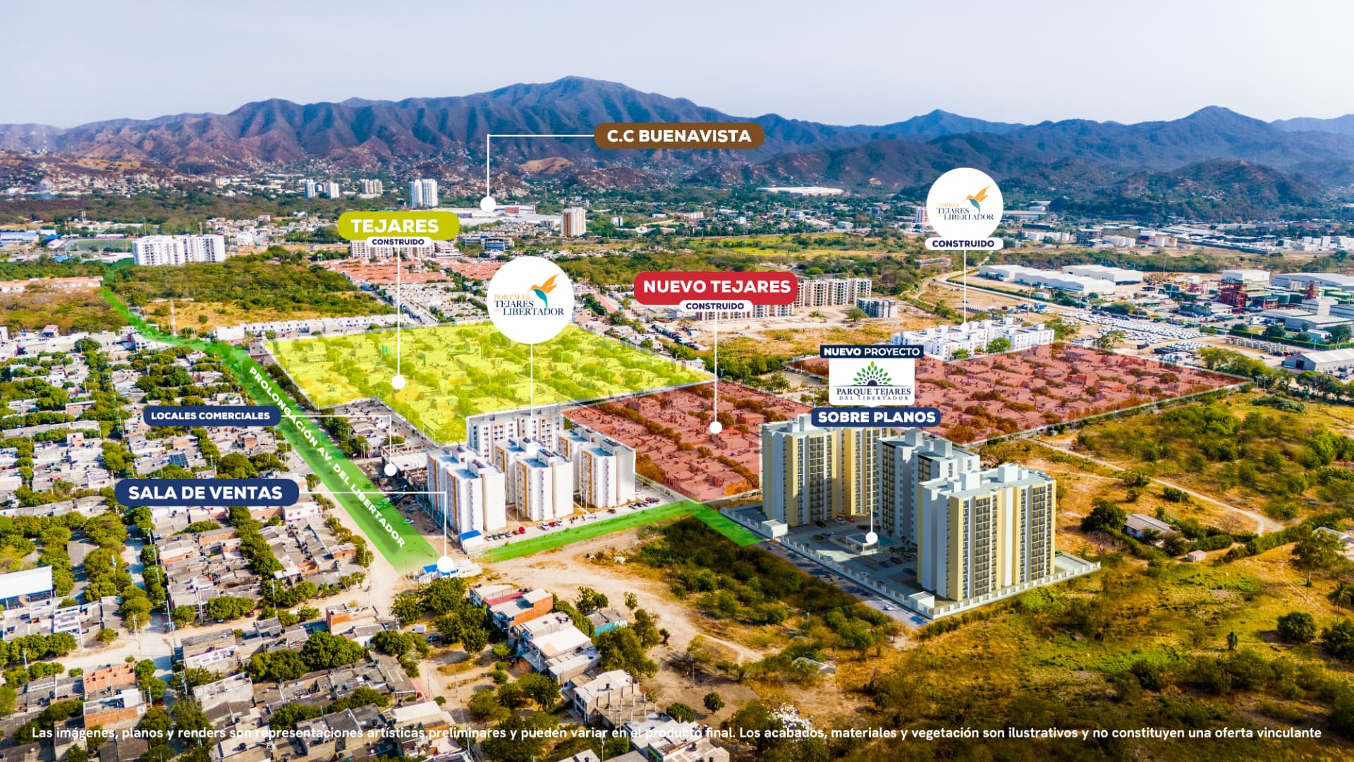Vista aérea de la zona con la ubicación de Parque Tejares del Libertador, la Prolongación Avenida del Libertador y el Centro Comercial Buenavista