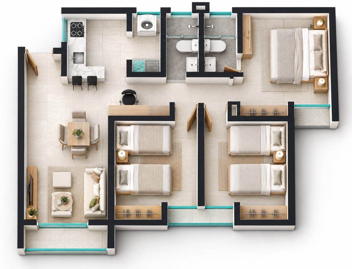 Plano del apartamento tipo con 3 habitaciones y 2 baños